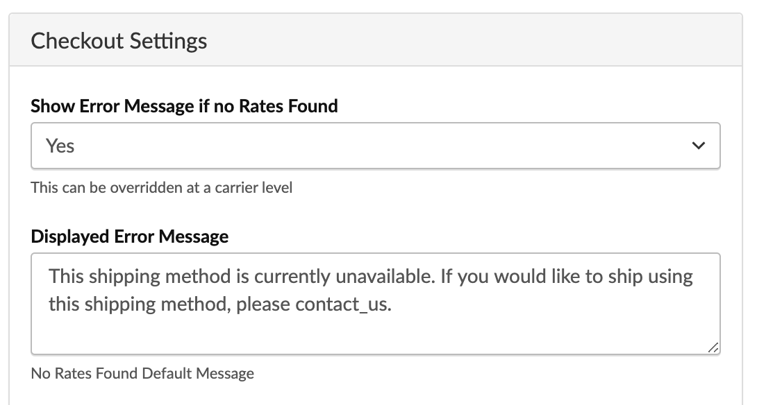 Location showing error message example when no rates are found. This can be found under Global Settings.