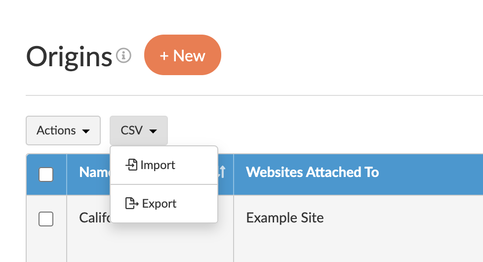 Location to import and export CSV file on Origins page.