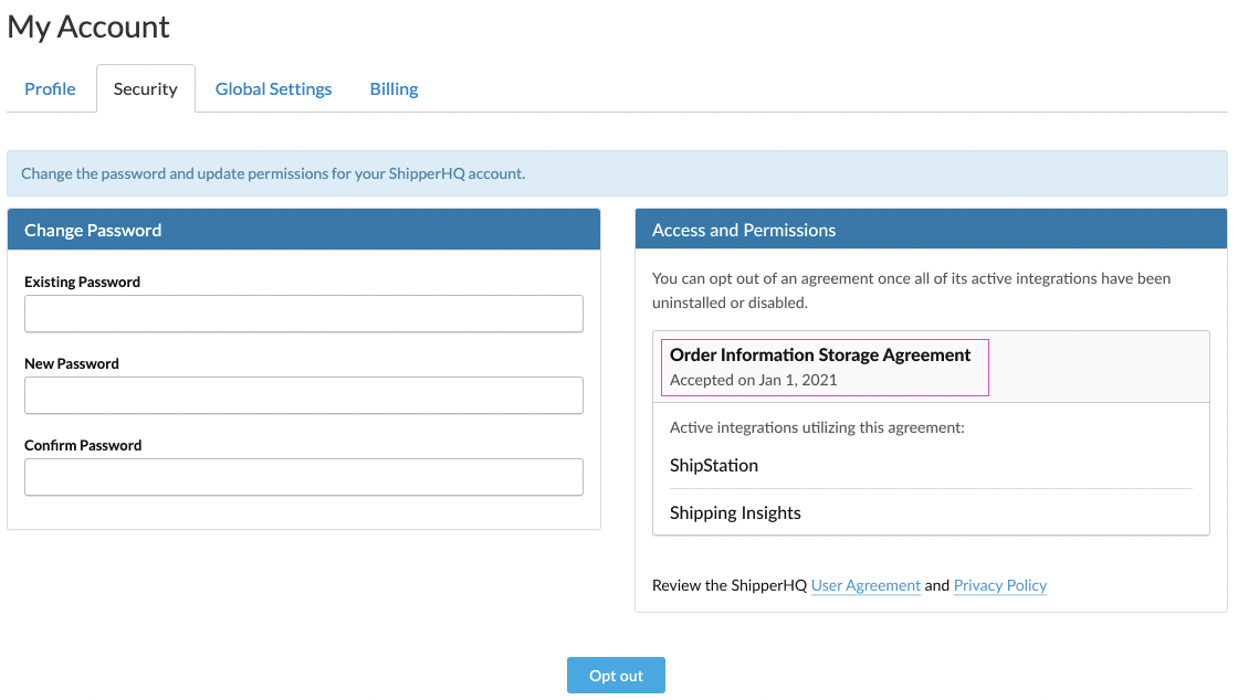 Example to troubleshoot if Shipping Insights is enabled under Access and Permissions section in Security panel under My Account.