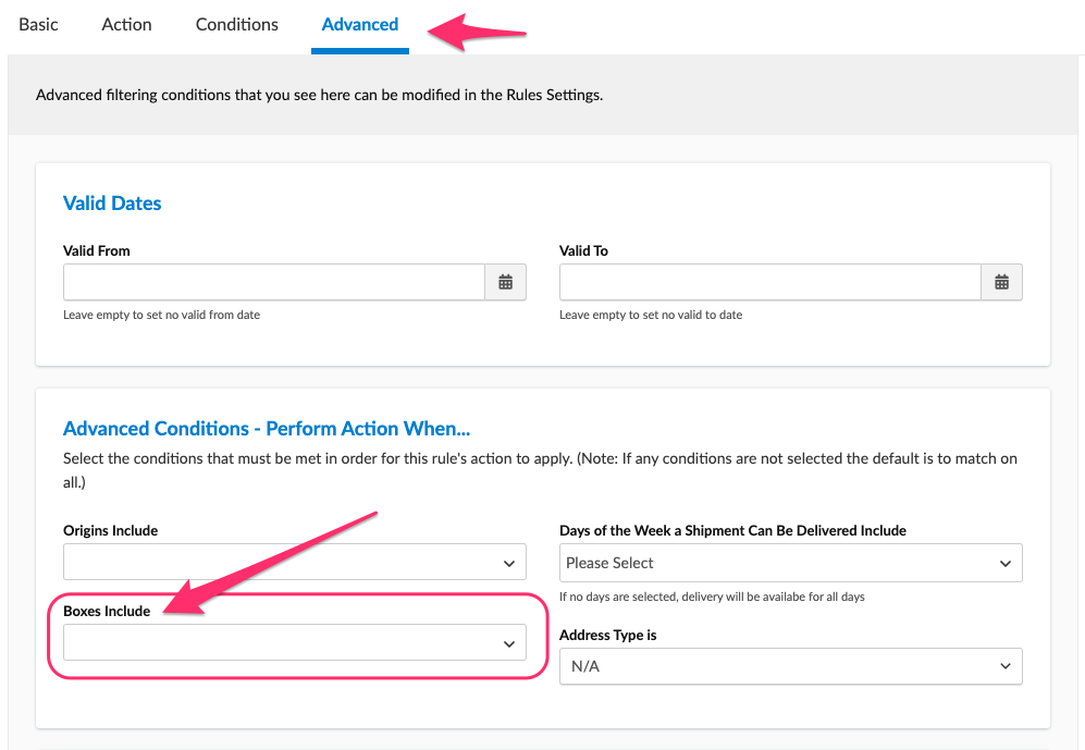 Location to add boxes to a shipping rule under the Advanced tab.