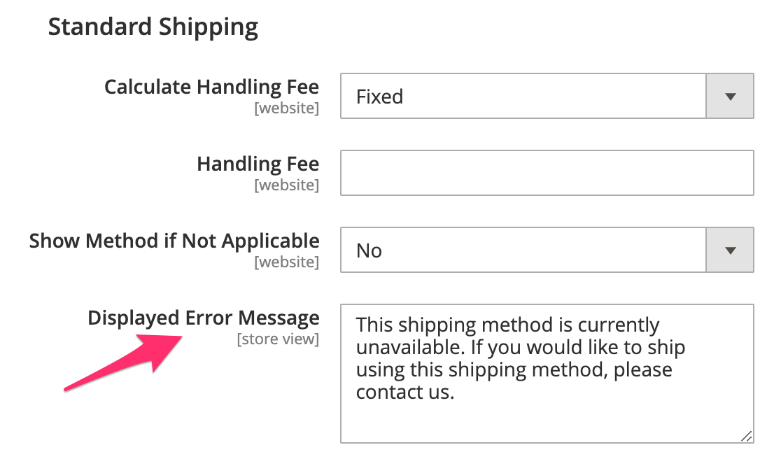 Location showing the Displayed error message in Magento portal.