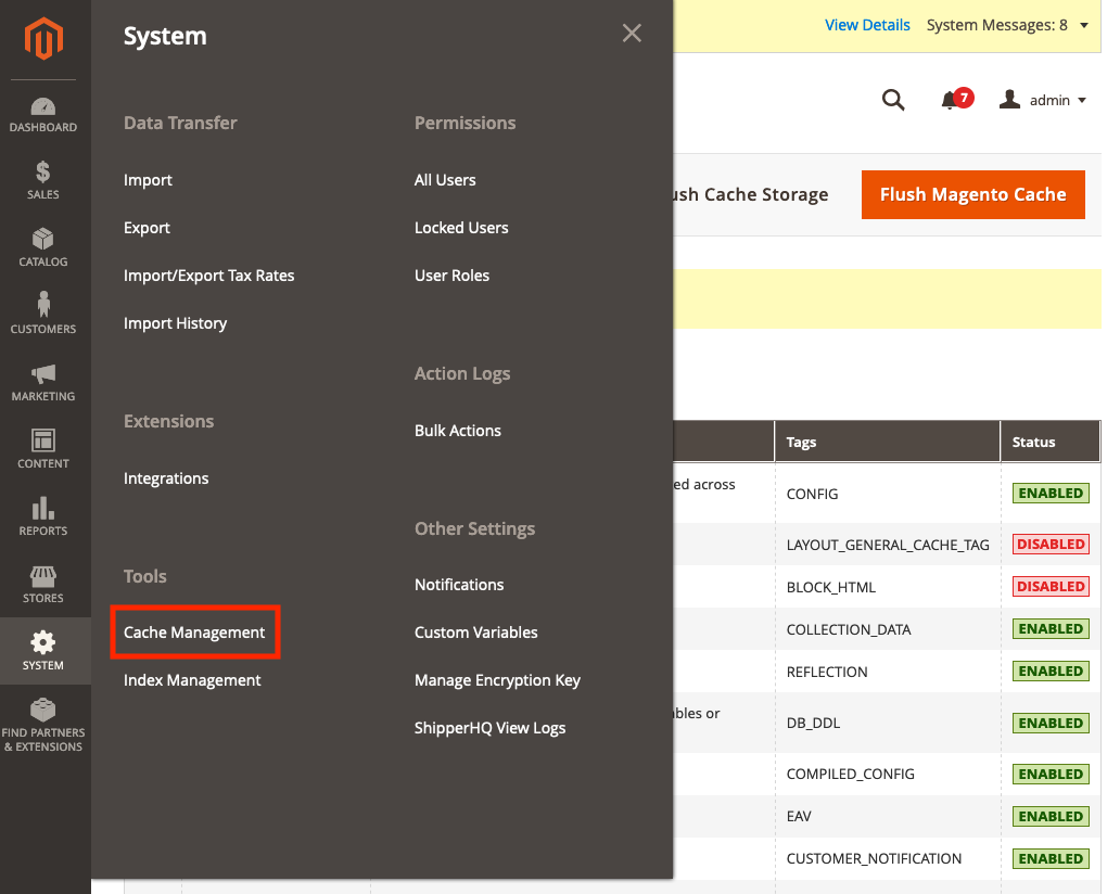 Magento cache management