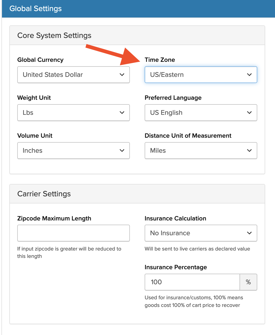 Select timezone in ShipperHQ's global settings