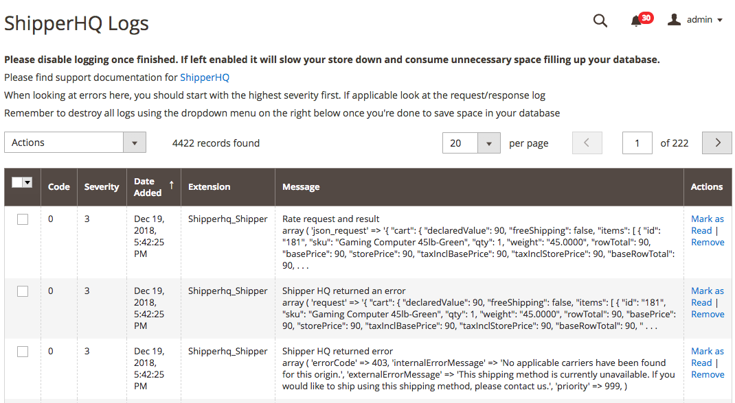 Example showing ShipperHQ logs once logger is enabled in Magento portal.