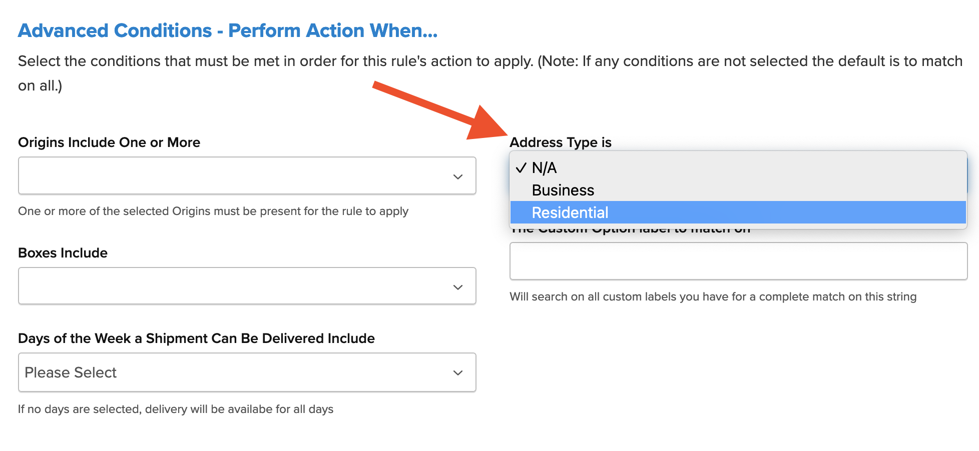Location of 'Address Type is' field under Advanced tab of the shipping rule.
