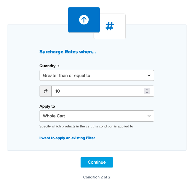 Example showing how to configure quantity condition for the surcharge rule.