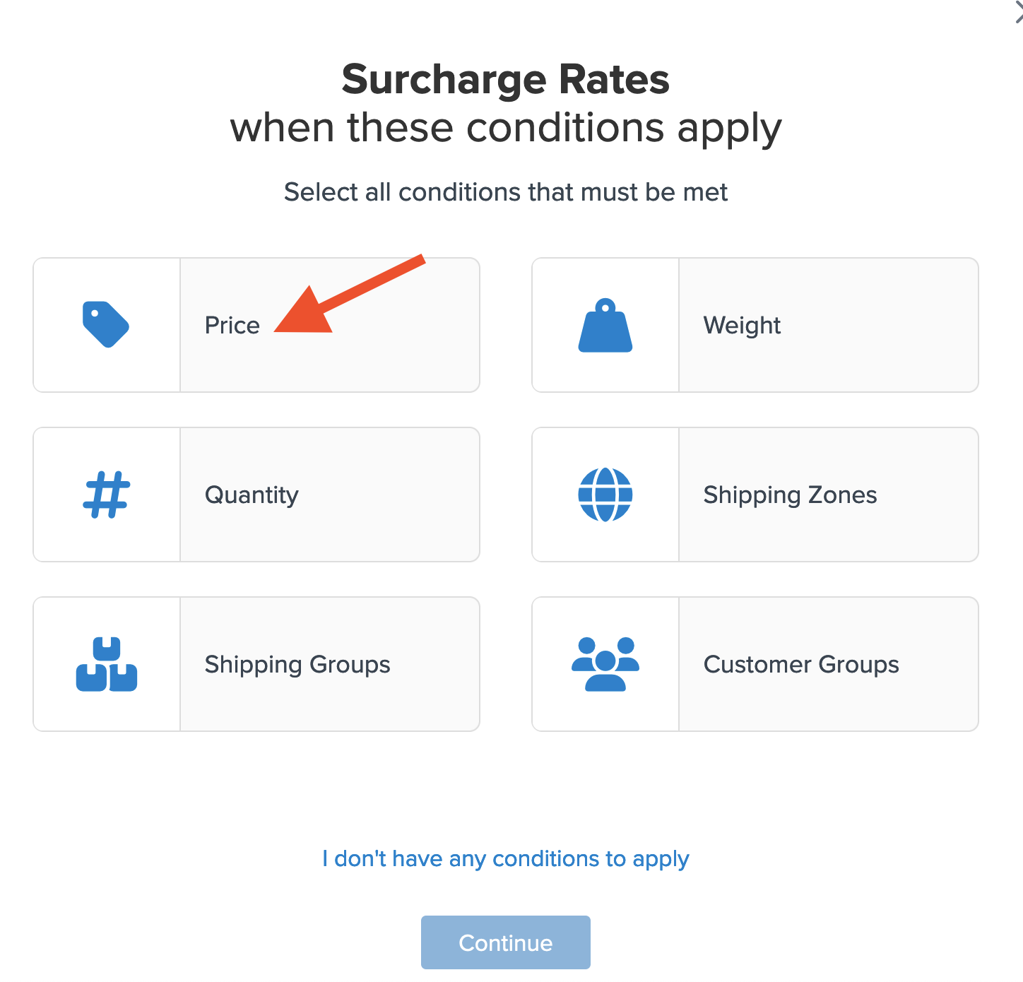 Location to select conditions for the shipping rule to apply.