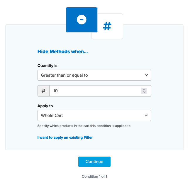 Example showing how to configure the Quantity condition for a shipping rule.
