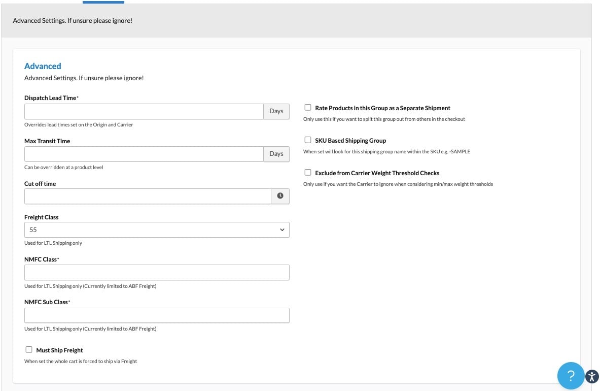 In the Advanced panel of Shipping Group settings, you’ll find the Freight Class dropdown. Choose the appropriate class for your group.