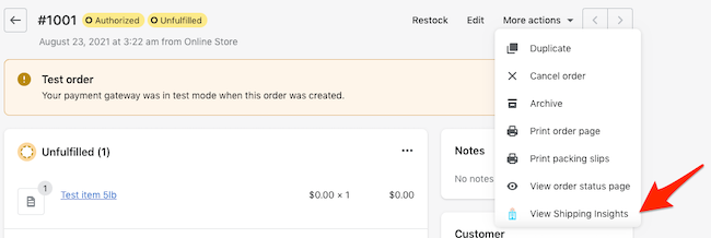 View insights in a Shopify order.