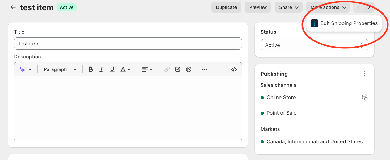 Location to Edit Shipping Properties for a product on Shopify dashboard.