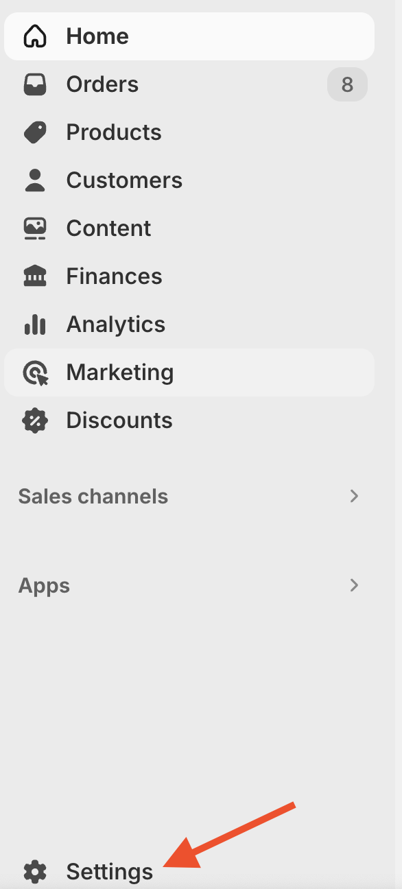 Selecting Settings on Shopify dashboard.