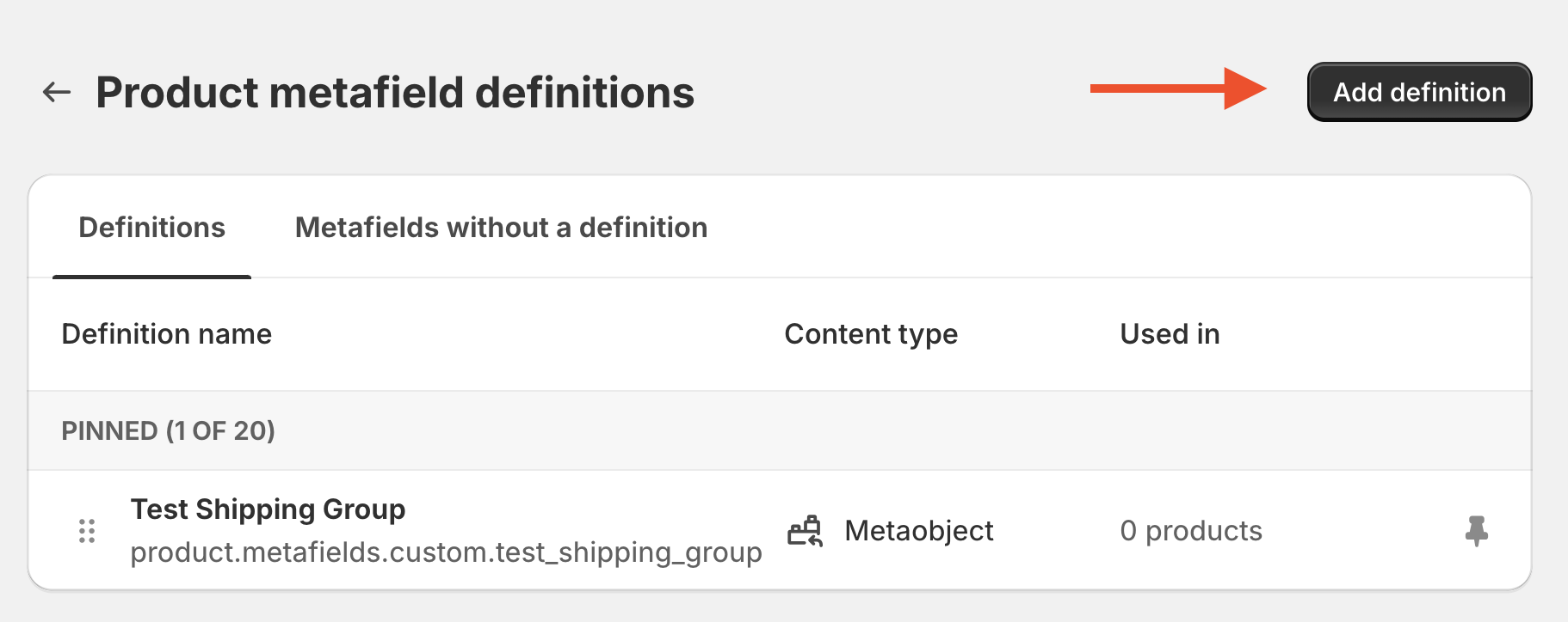 Location to add definition for a metafield on Shopify bulk editor.