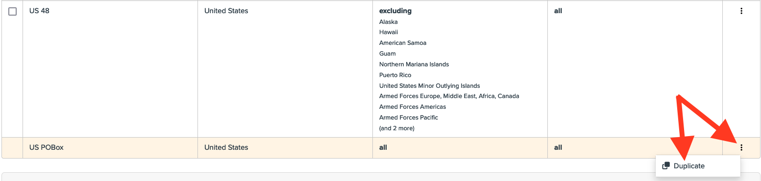 Click on 3 dots and select Duplicate to create a duplicate shipping zone.