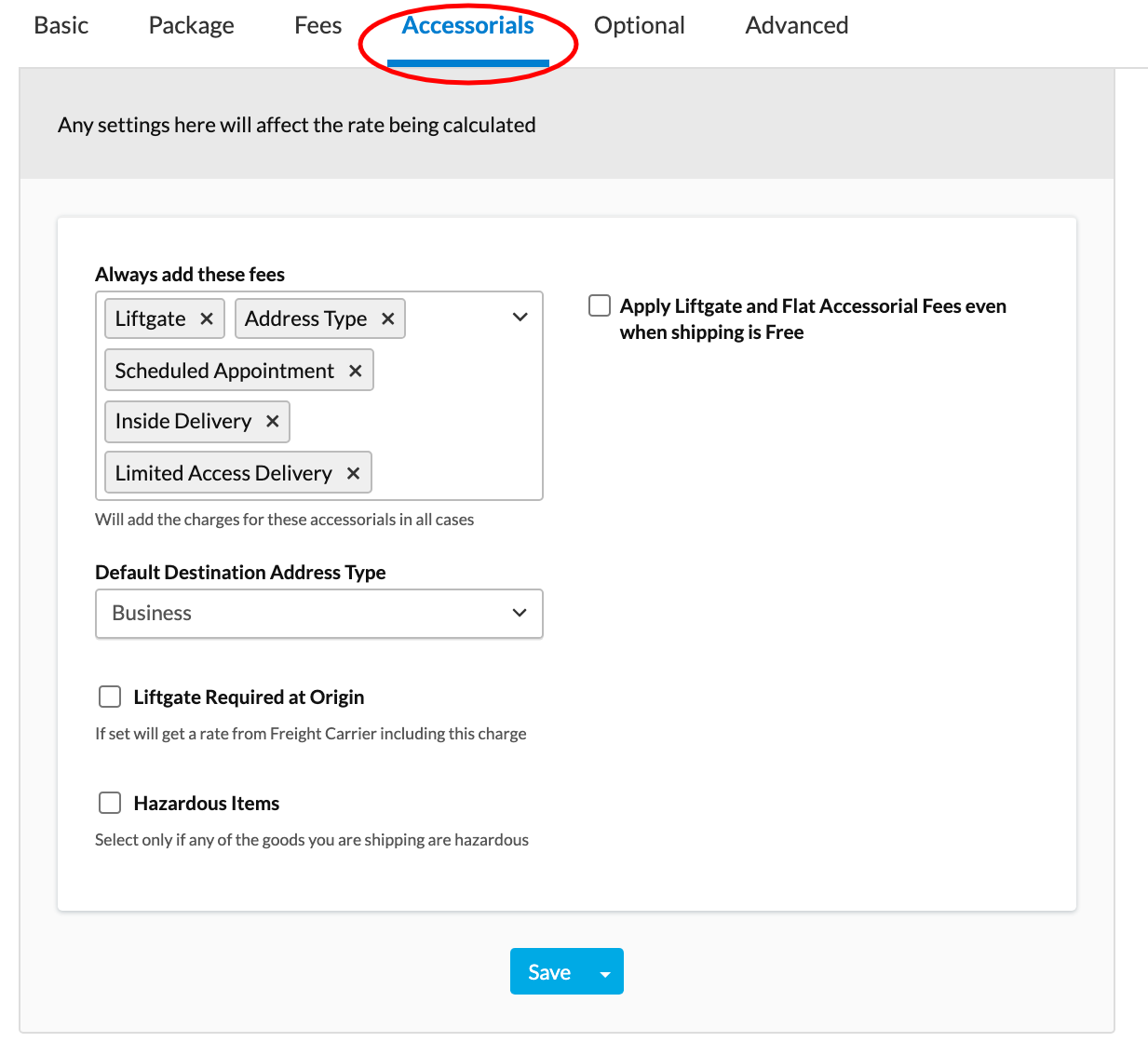 ShipperHQ LTL carrier settings Advanced tab where accessorials are added or removed. 