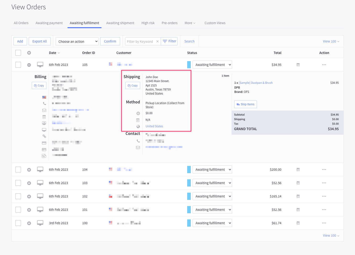Order view with Standard checkout.