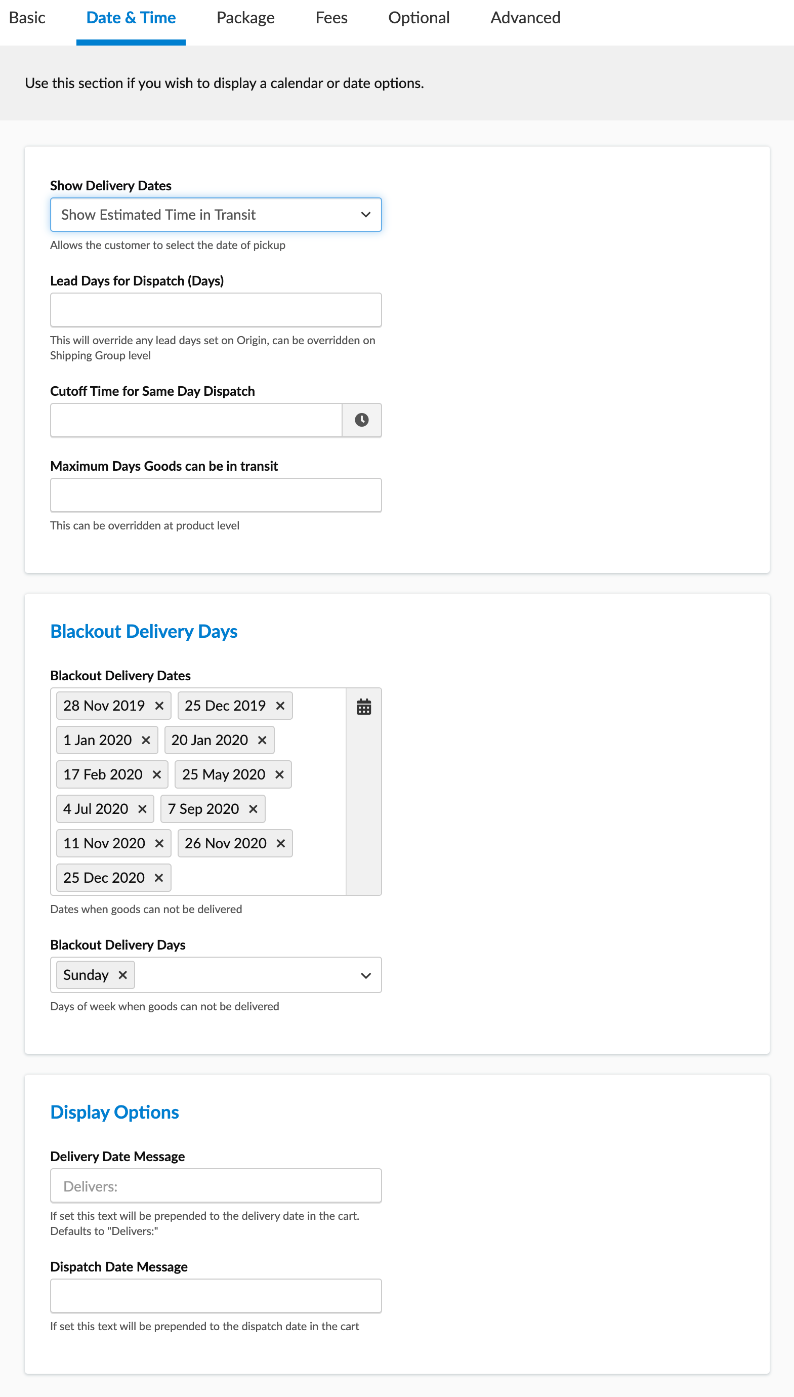 Date and time settings on carrier in ShipperHQ