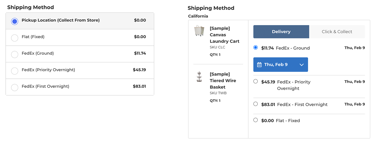 Sample showing difference between standard checkout and Calendar & Pickup checkout on BigCommerce.