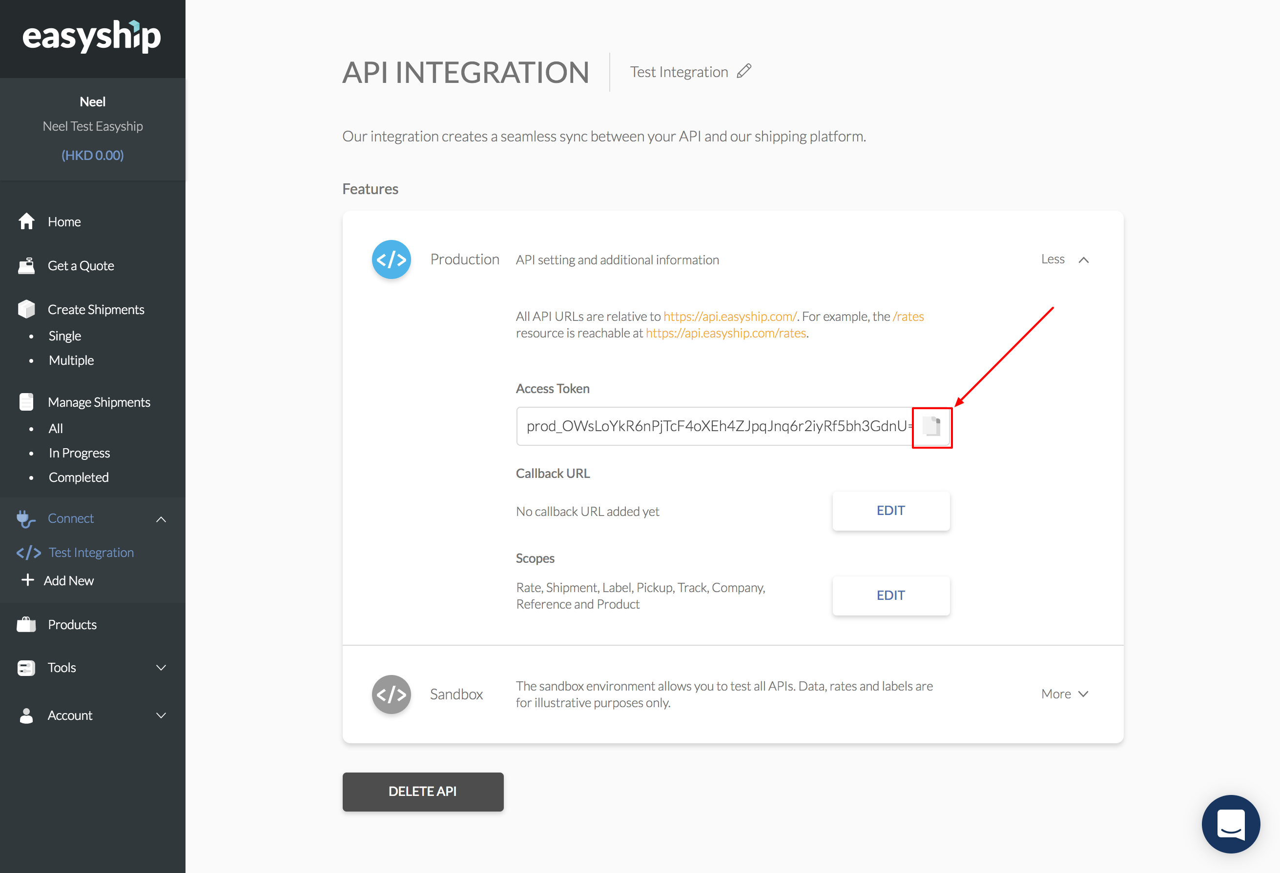 Easyship API Token location