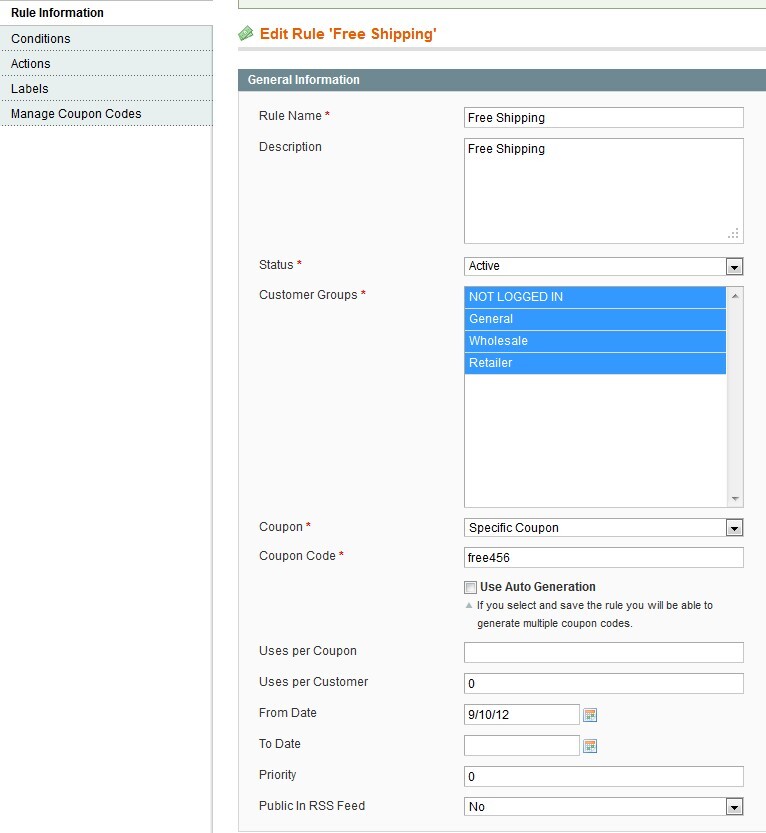 Setting up free shipping rule in Magento 1 admin.