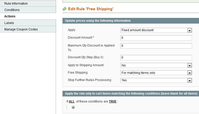 Sample configuration for free shipping in Magento 1 portal.