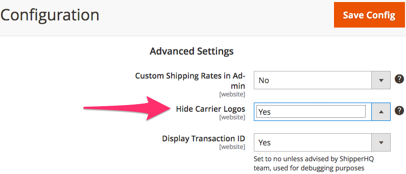 Setting to configure as Yes to hide carrier logos in Magento.
