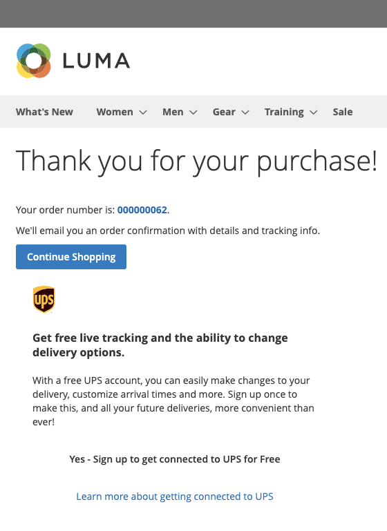 Delivery confirmation page presented upon order completion