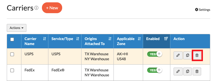 Delete option in carriers list uses a trash can icon.