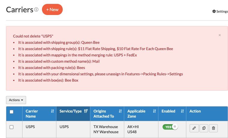 Errors can occur if the carrier being deleted is connected with shipping rules and shipping groups.