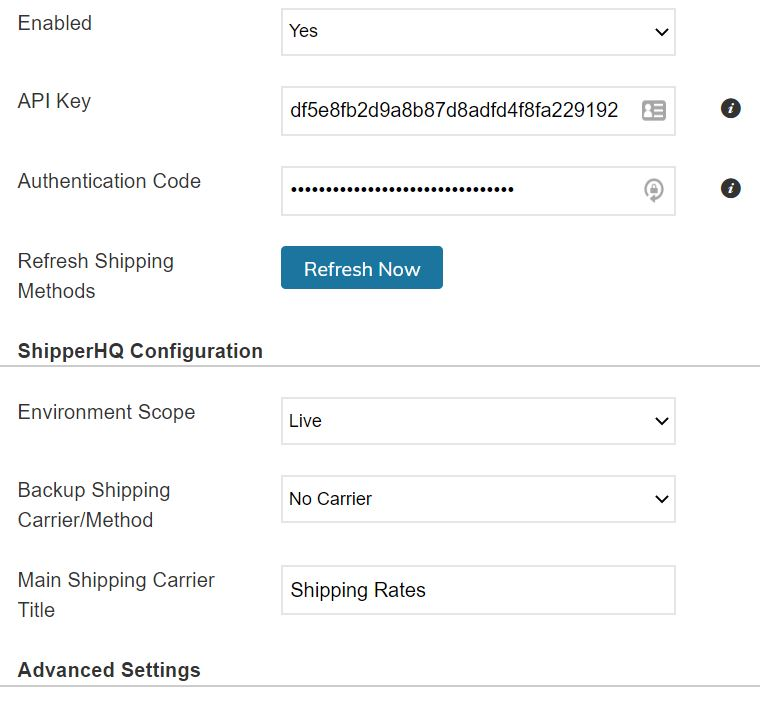 Example of how ShipperHQ should be configured within Zoey dashboard