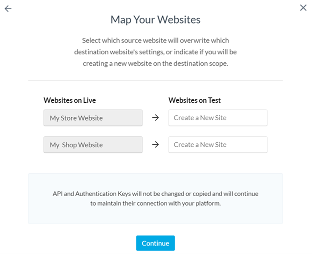 When copying or restoring a backup that has websites configured on it, you will see a screen for “Map Your Websites”.