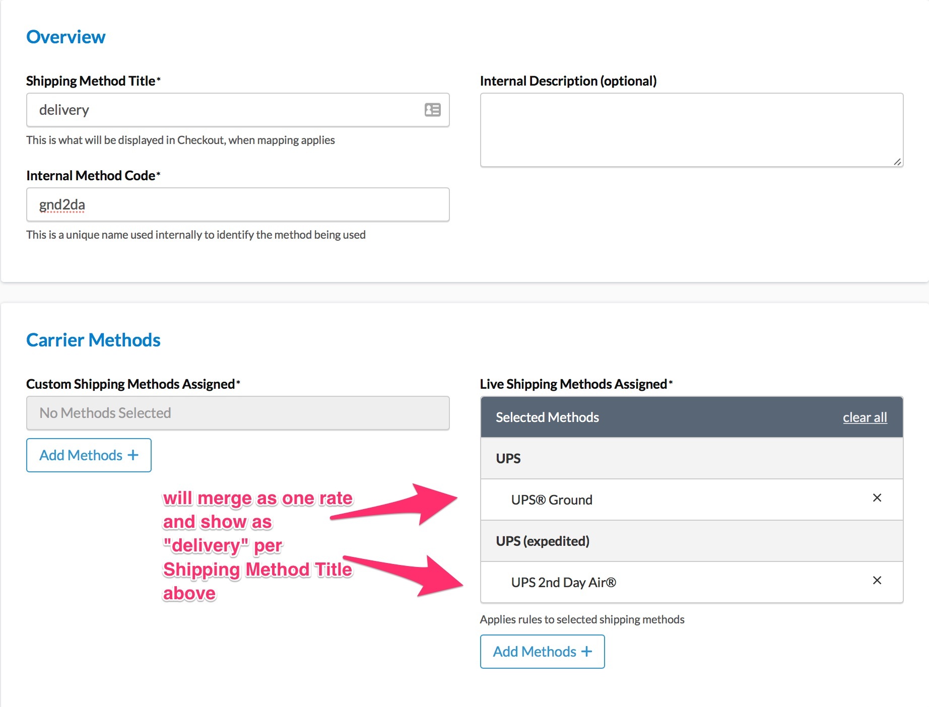 Sample showing how to fill details to create a method merging rule for same carrier.