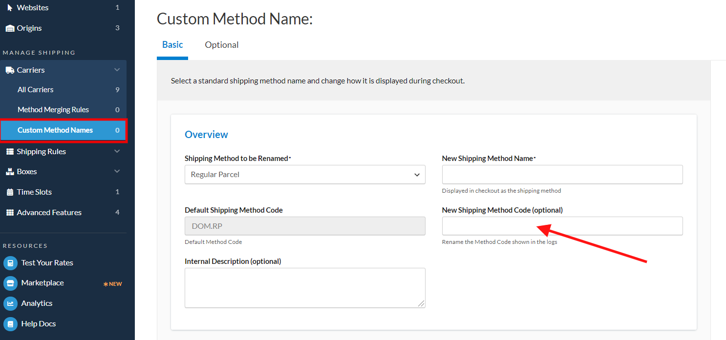 Location to enter New Shipping Method Code under Basic tab while creating a custom method name.