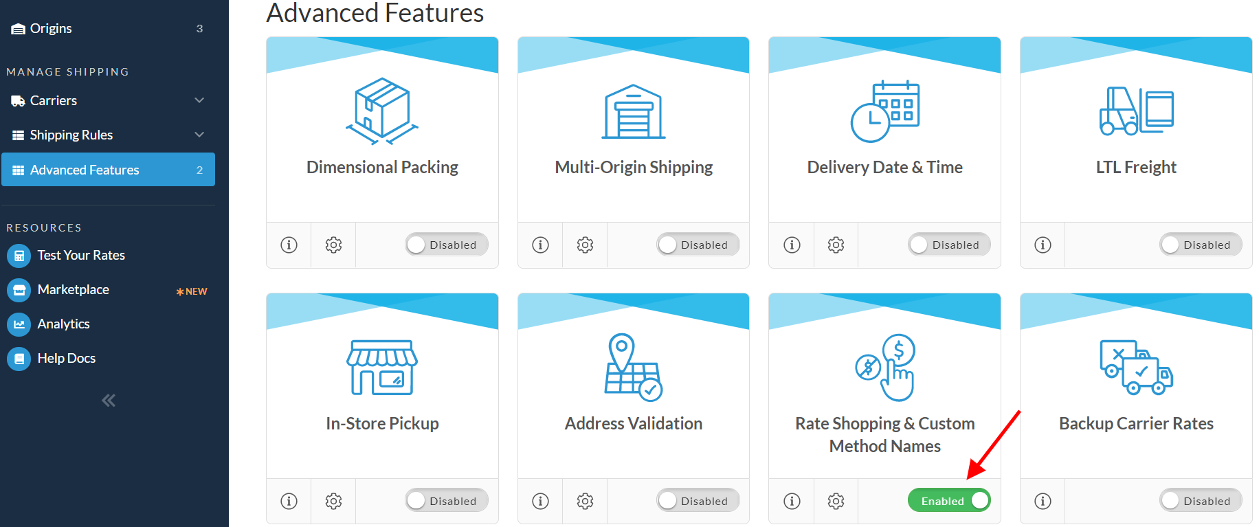ShipperHQ Advanced Features, toggle on Rate Shopping and custom method names.