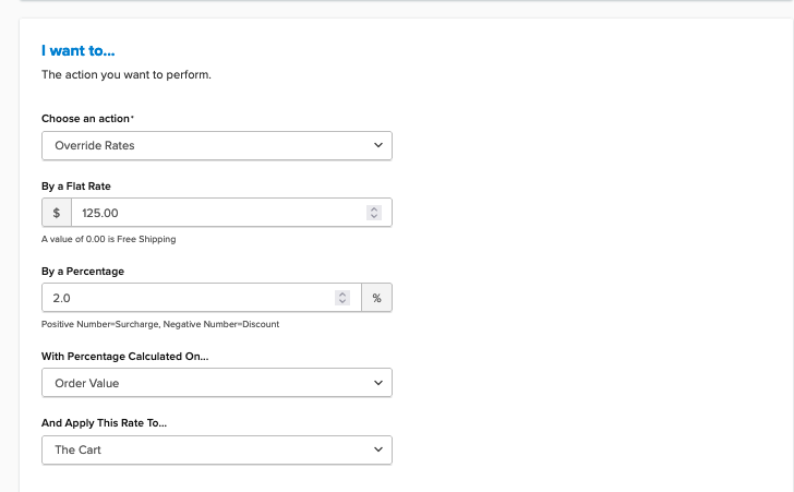 Example showing how to configure a shipping rule to override live rates and apply desired rates.