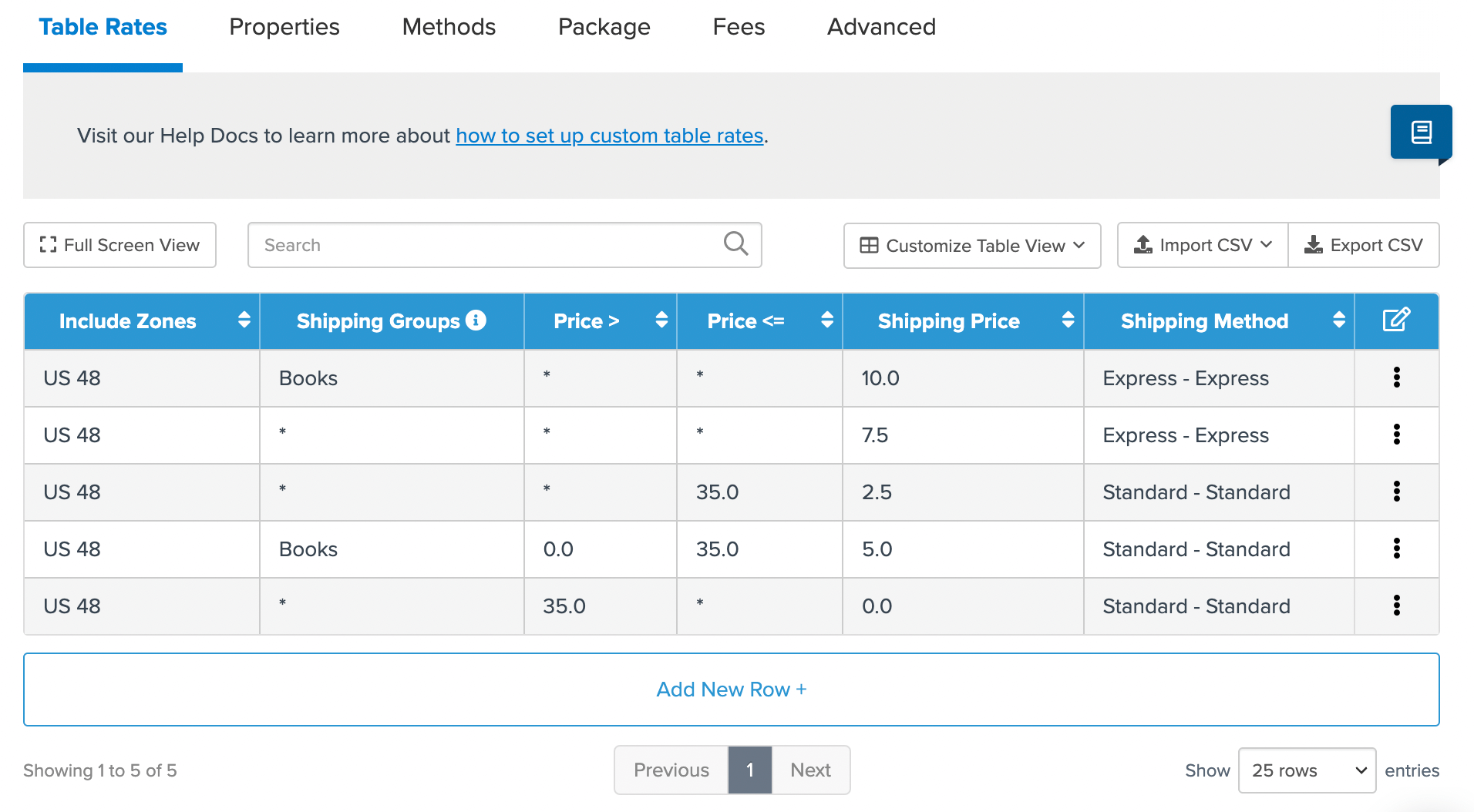 Example of table rates in ShipperHQ