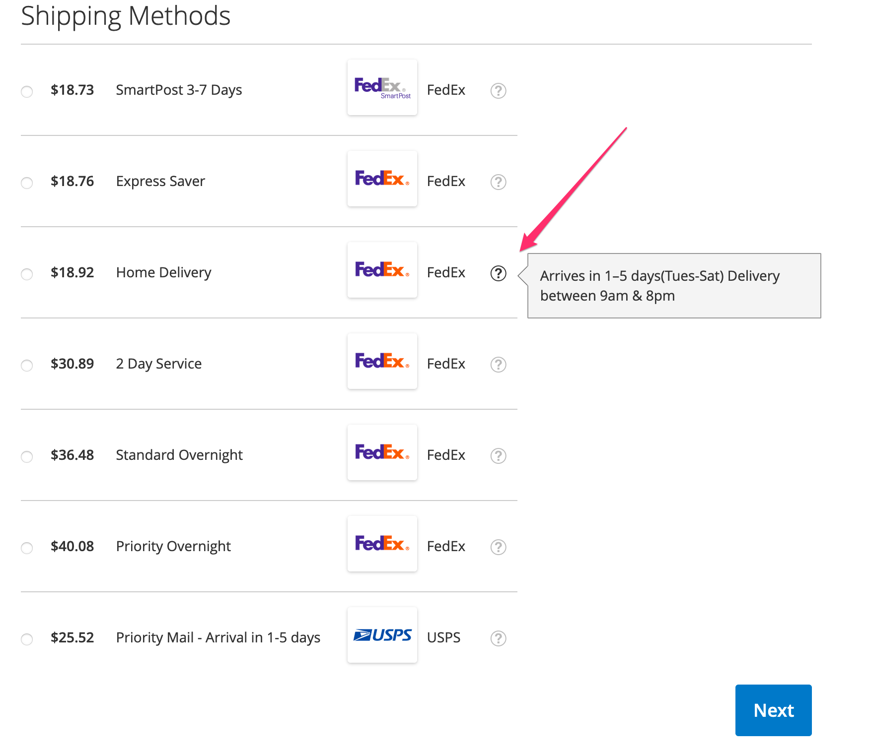 ShipperHQ Rates in Magento Checkout using Tool Tips