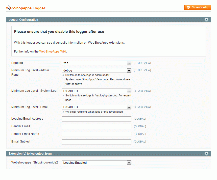 Location to update Logger Configuration in WebShopApps Logger.