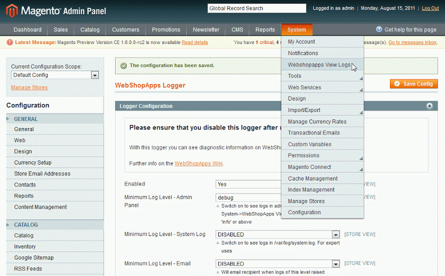 Location to navigate to logs under System tab on Magento portal.